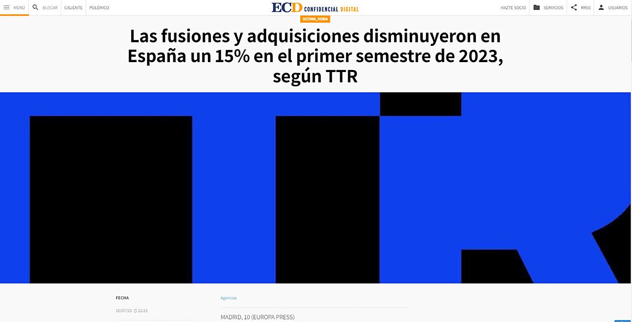 Las fusiones y adquisiciones disminuyeron en Espaa un 15% en el primer semestre de 2023, segn TTR